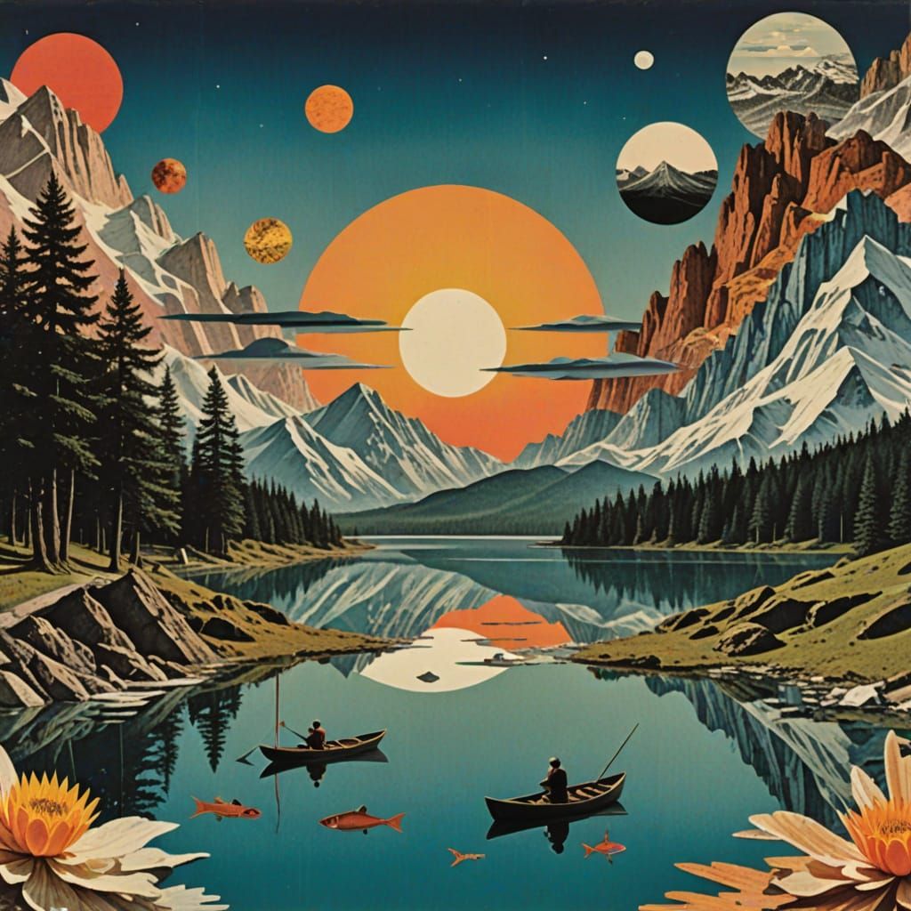 Sunrise over Crystal Lake: Surreal Collage