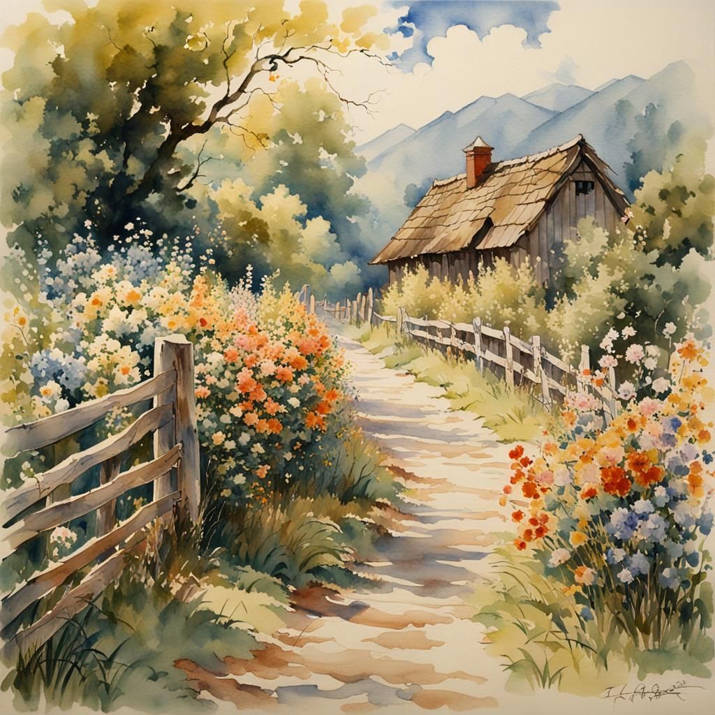 An old country road with an over abundance of flowers and overrun with flowering vines along a Split Rail Fence, waterco...