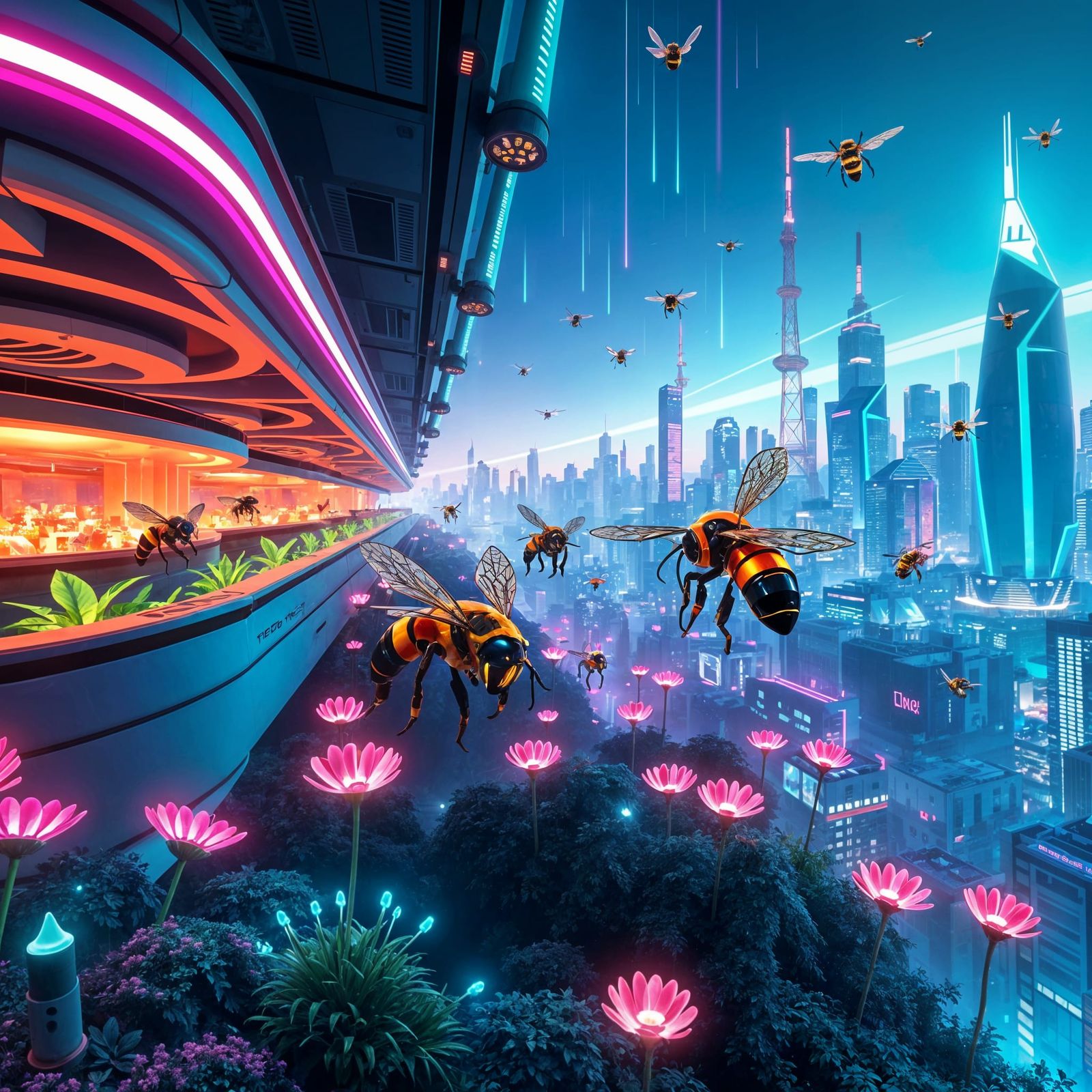 Neon Hive: Futuristic Cybernetic Swarm in a Glowing Metropol...