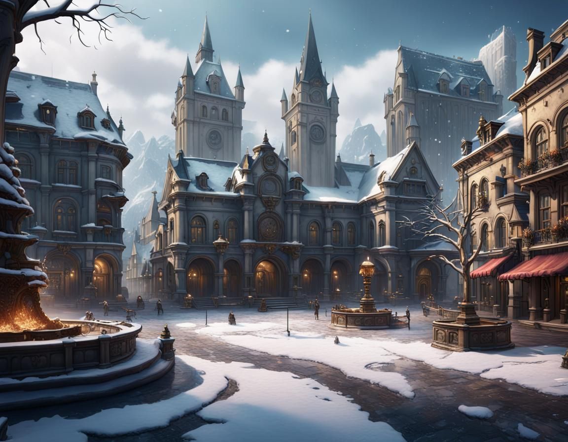 Winter Plaza in a Fantastical Town