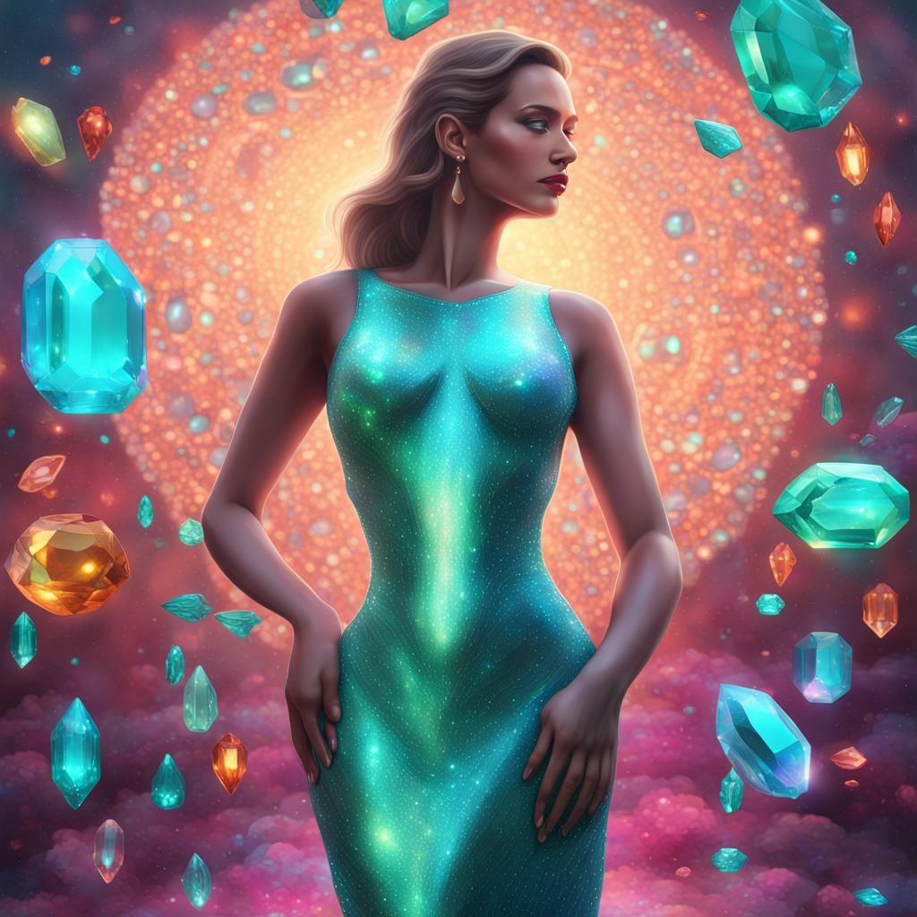 Glamorous Women in Gem Rain: Holographic Astral Illustration