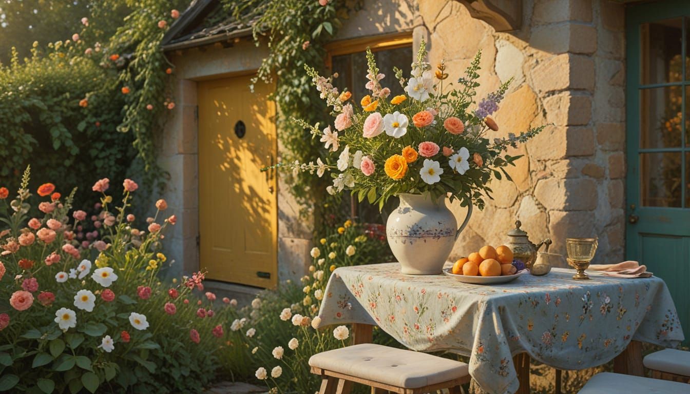 Impressionist Flower Arrangement Before Cottage at Golden Ho...