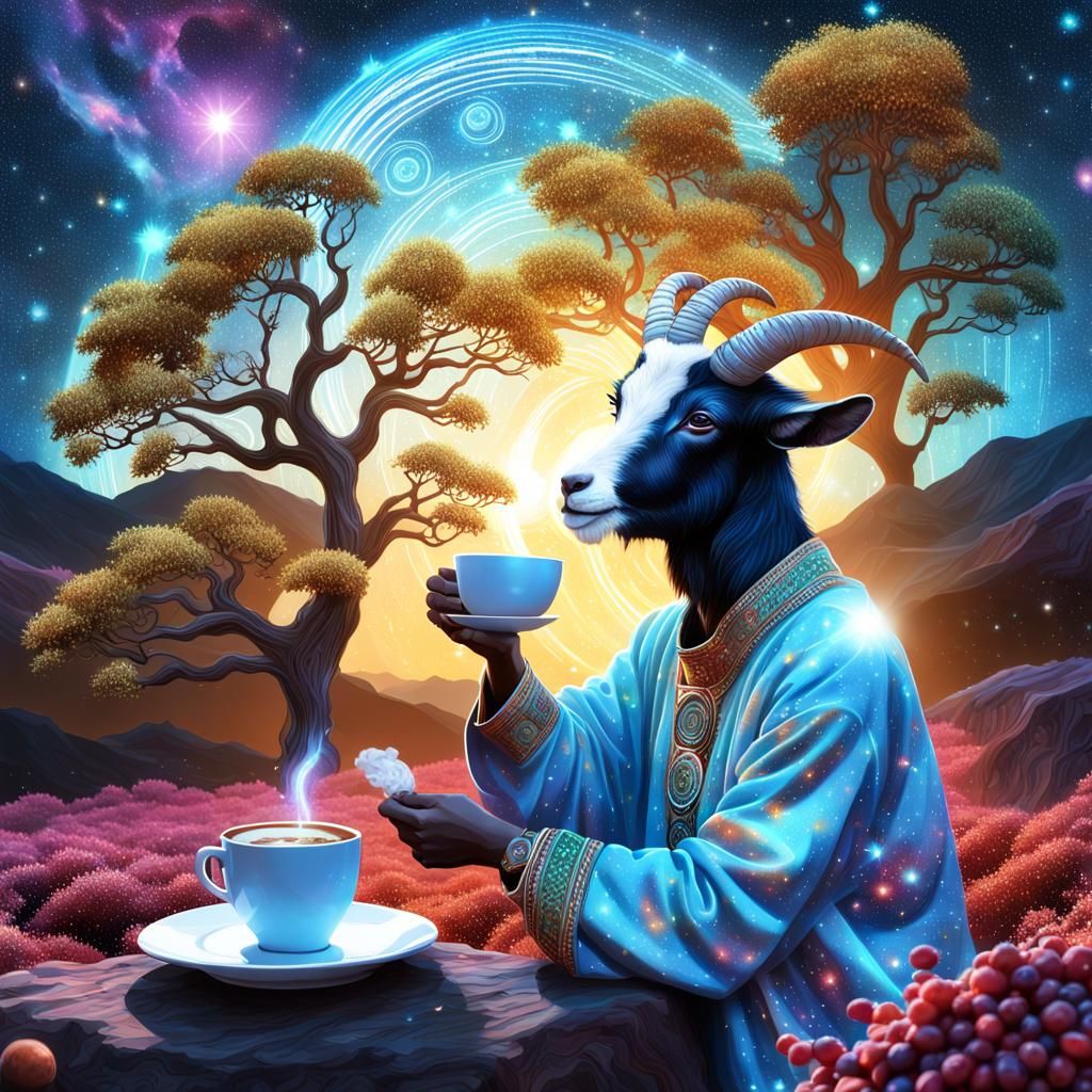 Kaldi Discovers Coffee: Cosmic Astral Illustration