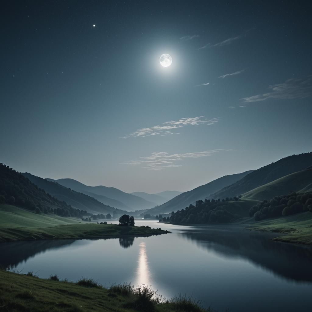 Moonlit Night Over Misty Hills Landscape