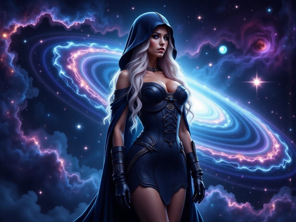 Surreal Cyberpunk Goddess in Dark Galactic Armor