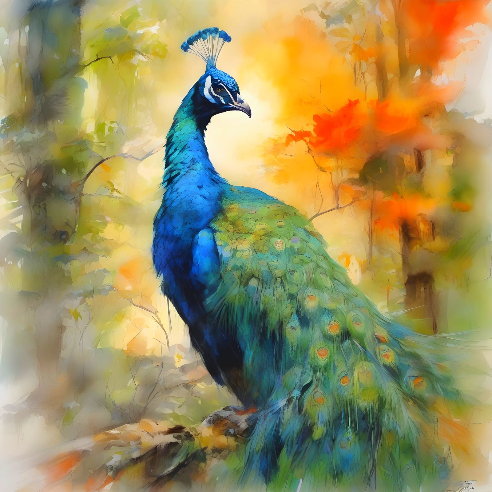 Epic Fantasy Peacock in a Vibrant, Glowing Forest