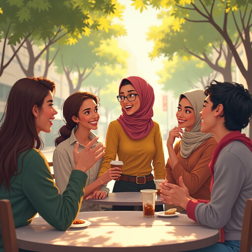 Muslim Woman Enjoys Cafe With Diverse Friends