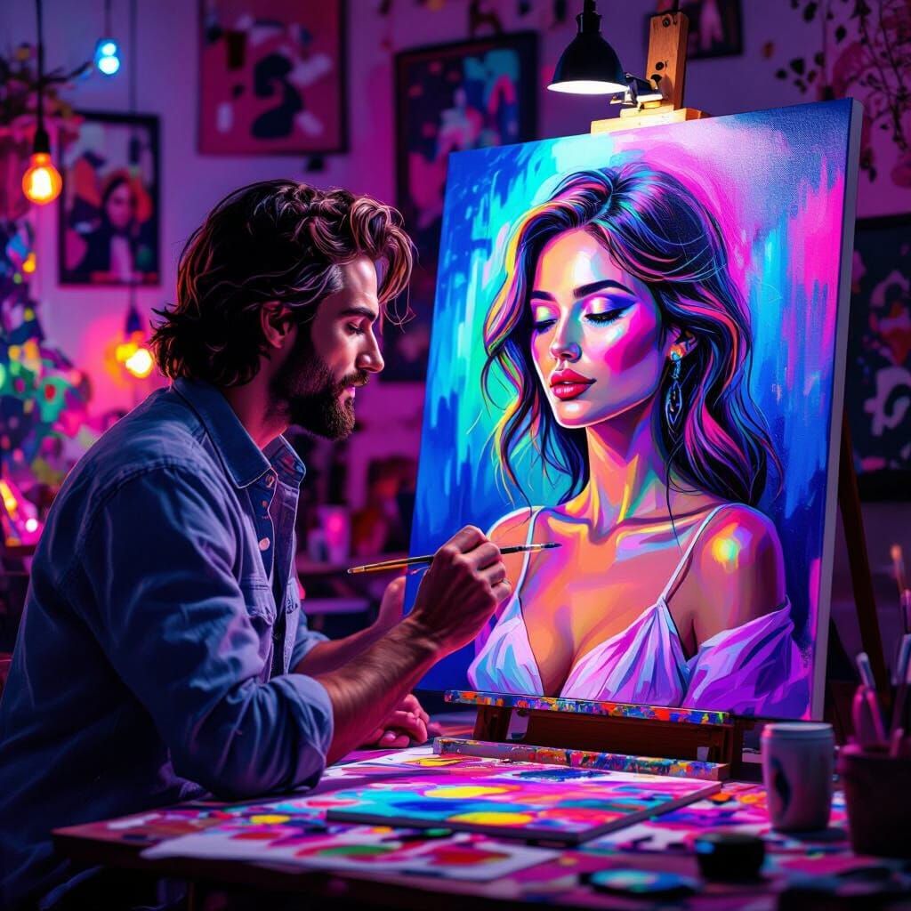 Husband Paints Wife in Neon Studio