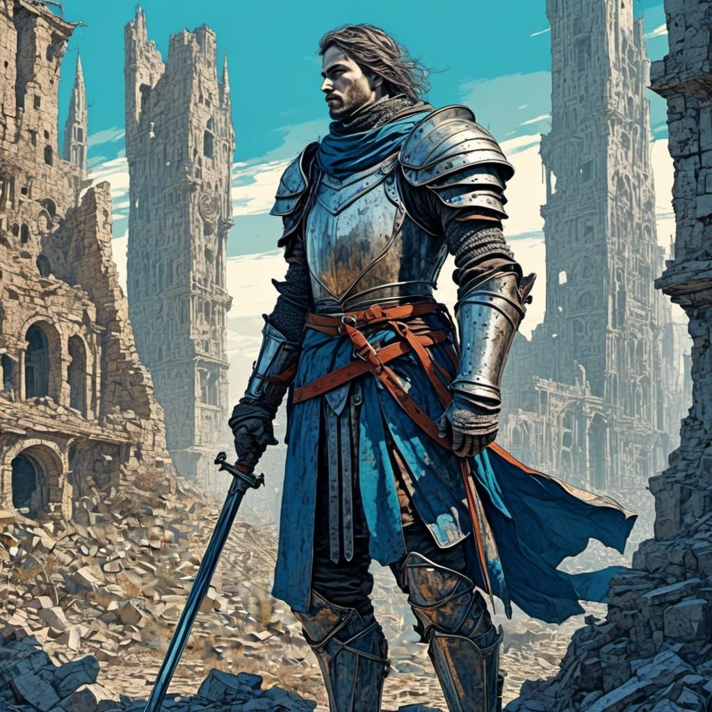 Knight in Ruins of a Futuristic City