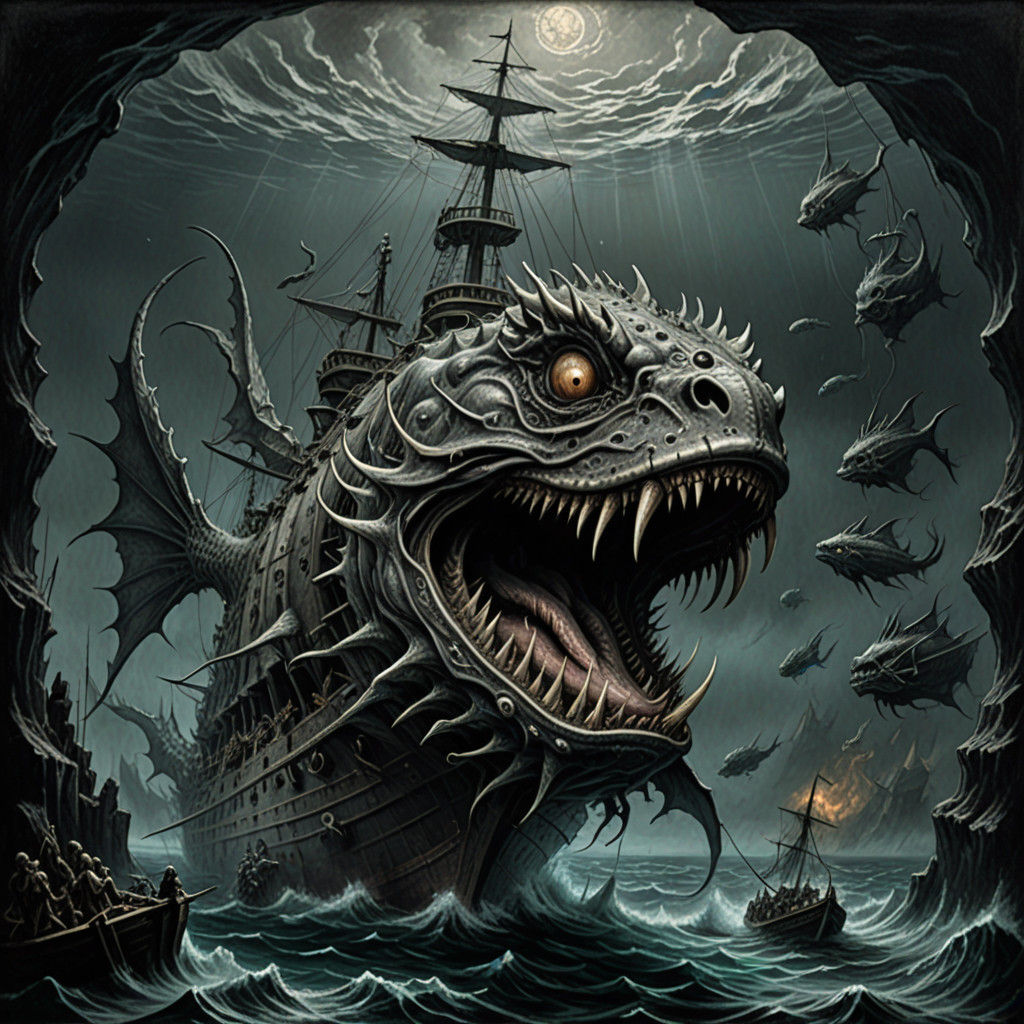 Dark Fantasy Dragon-Fish Devours Wrecked Sailing Ship