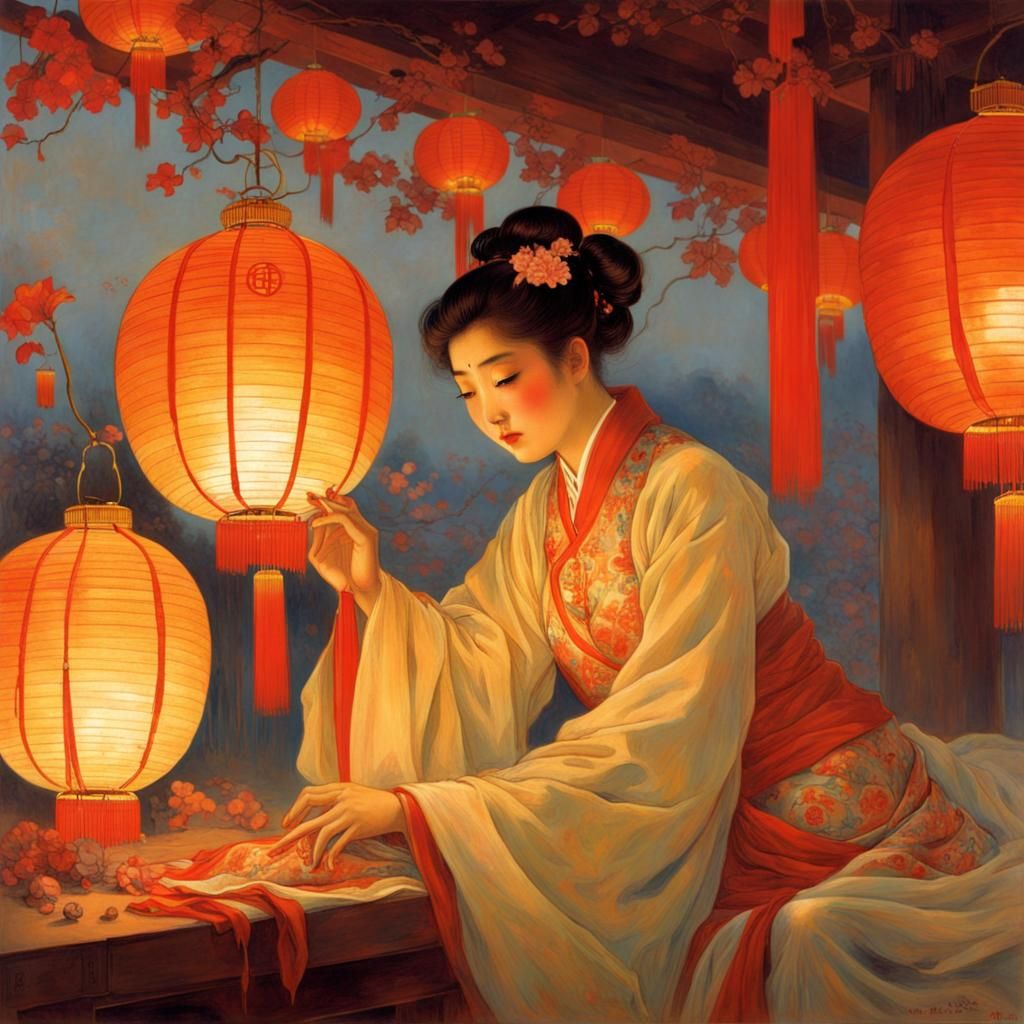 Chinese Lantern Festival: Alphonse Mucha Style