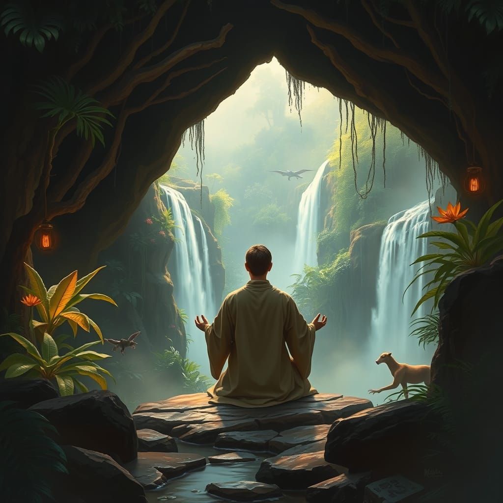 Jedi Knight Meditates in Jungle Grotto: Matte Painting