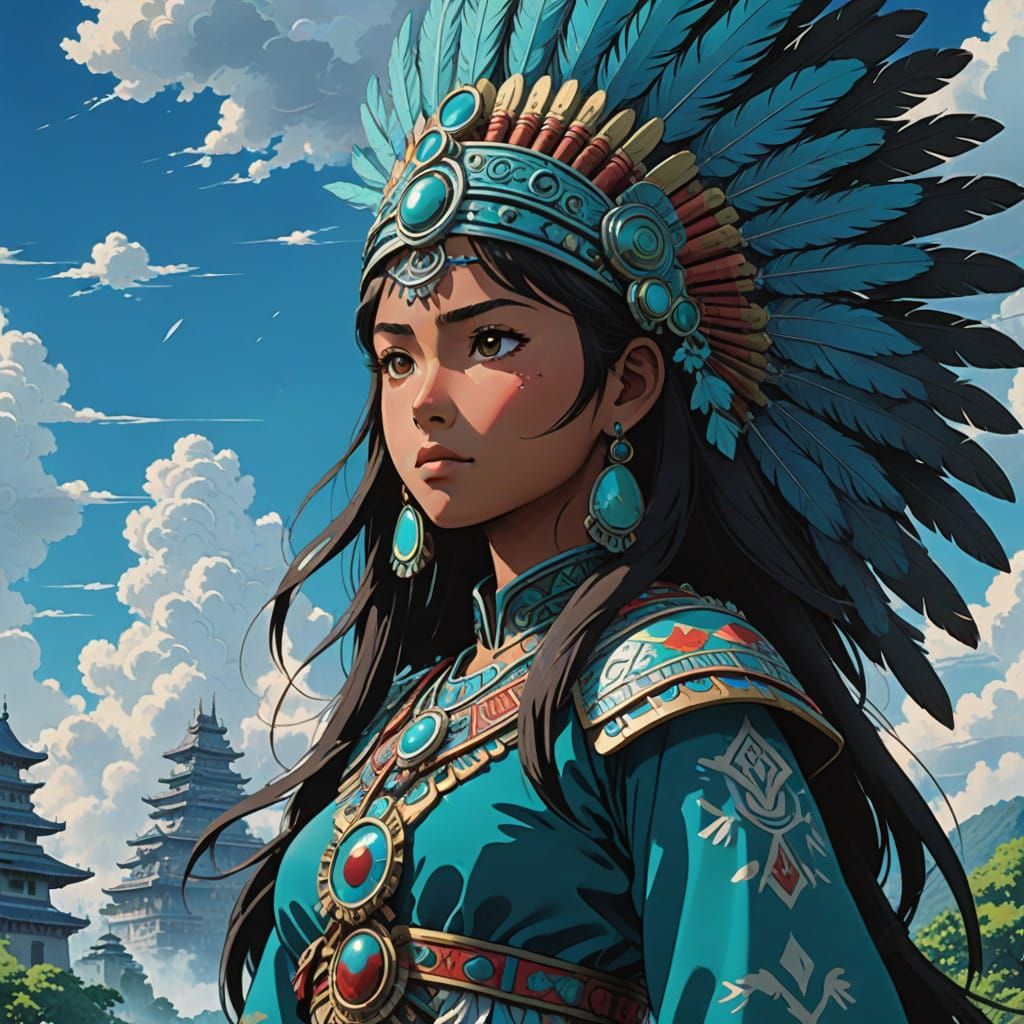 Regal Aztec Princess in Anime-Inspired Headdress and Warrior...