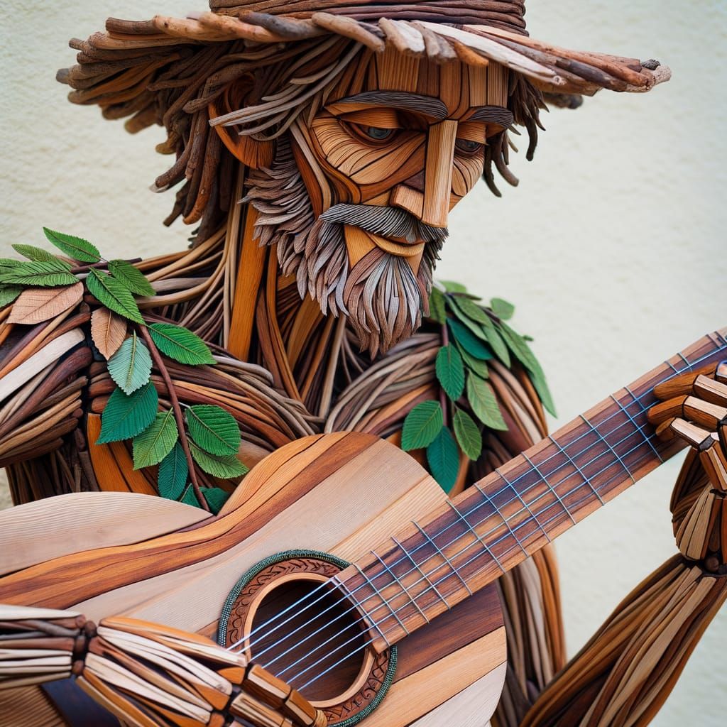 Wooden Man Playing Twig Guitar in Rustic Style