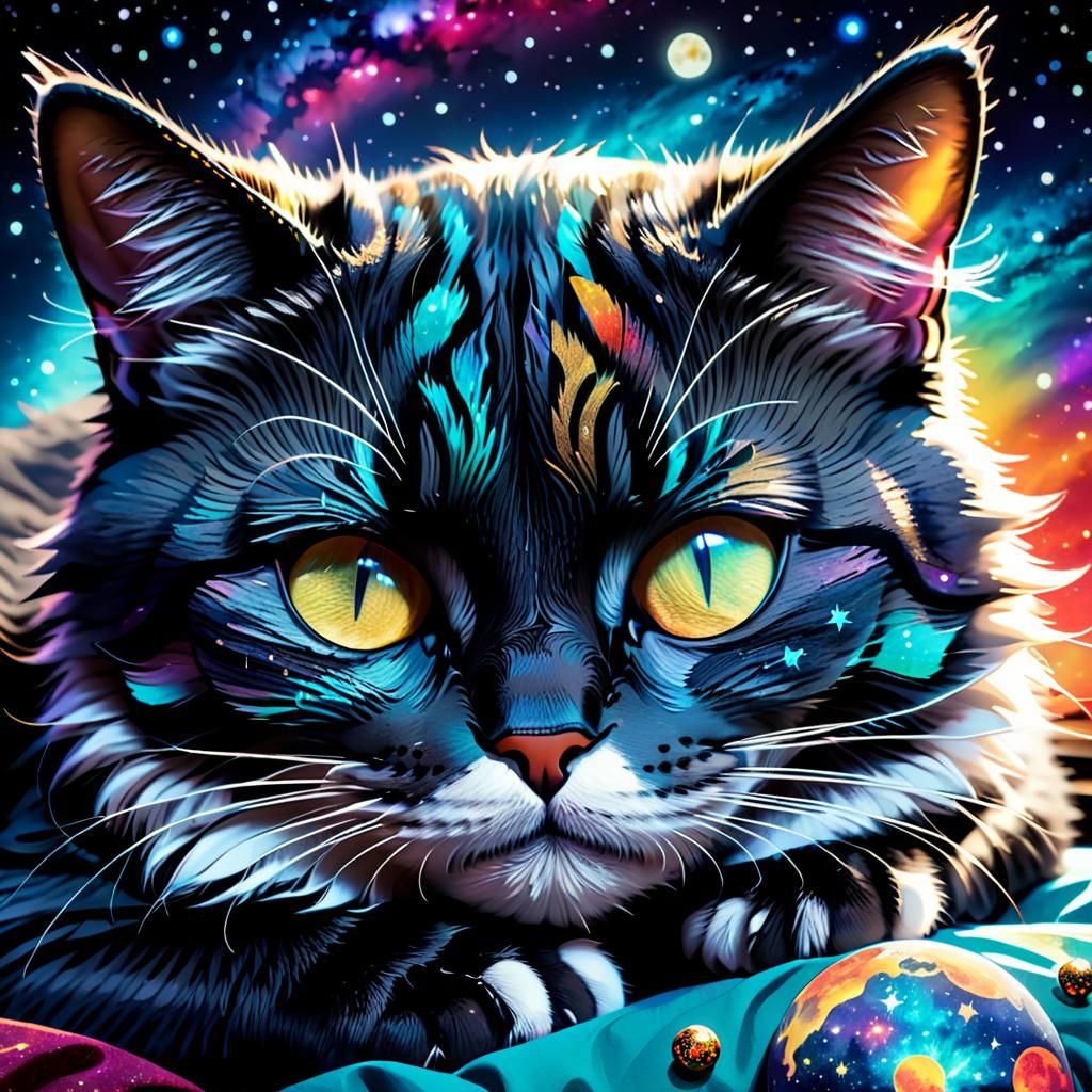 Cosmic Cat Nap: Detailed Cartoon Still