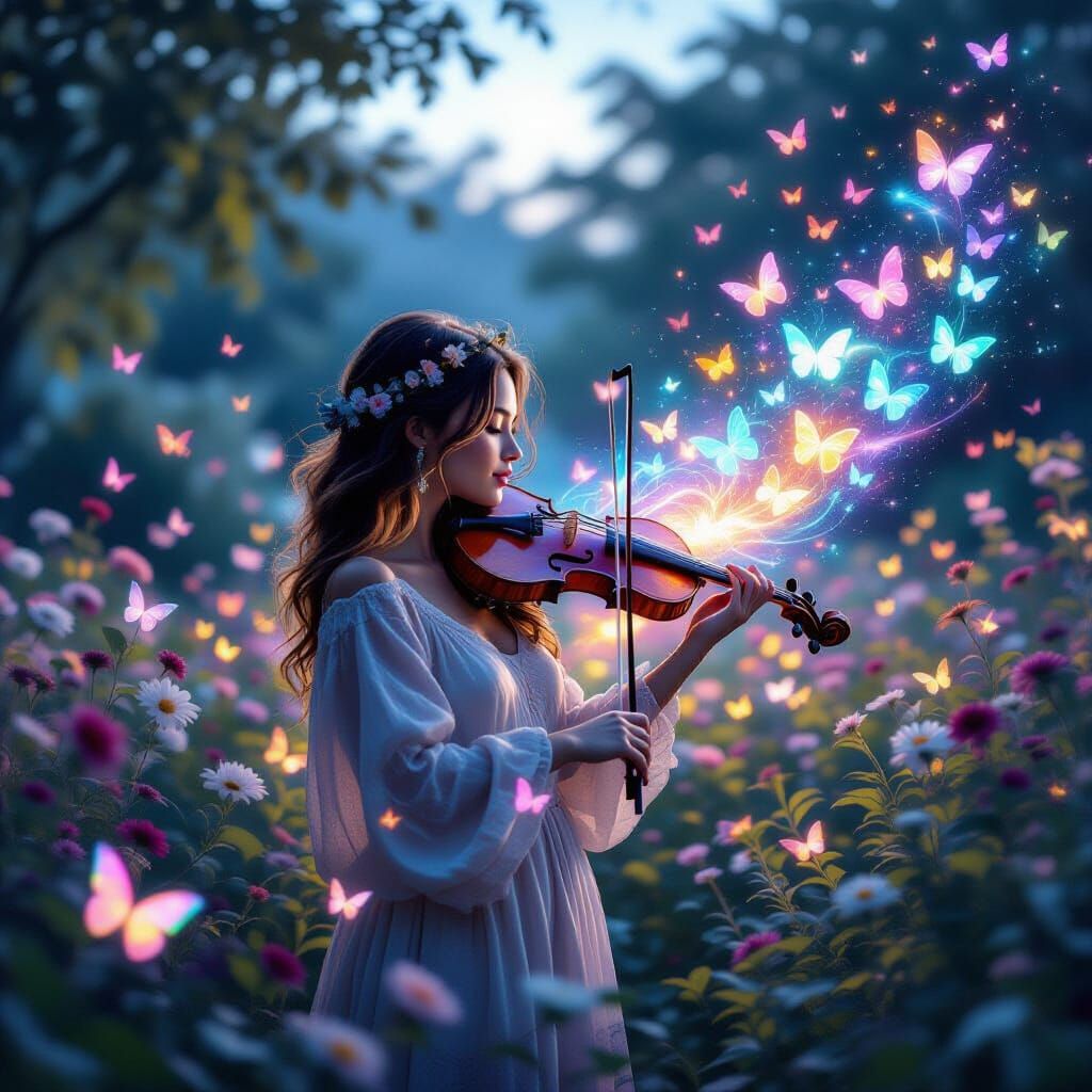 Musician's Twilight Garden: Notes Become Luminous Butterflie...