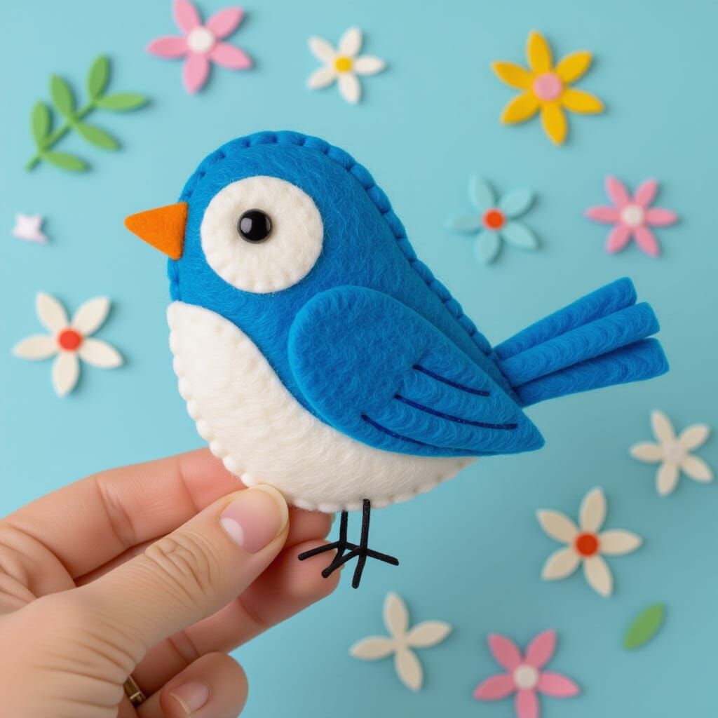 Cute Felted Blue Bird with Simple Design