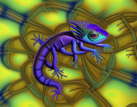 Steampunk Lizard in Surrealist Garden, Digital Painting