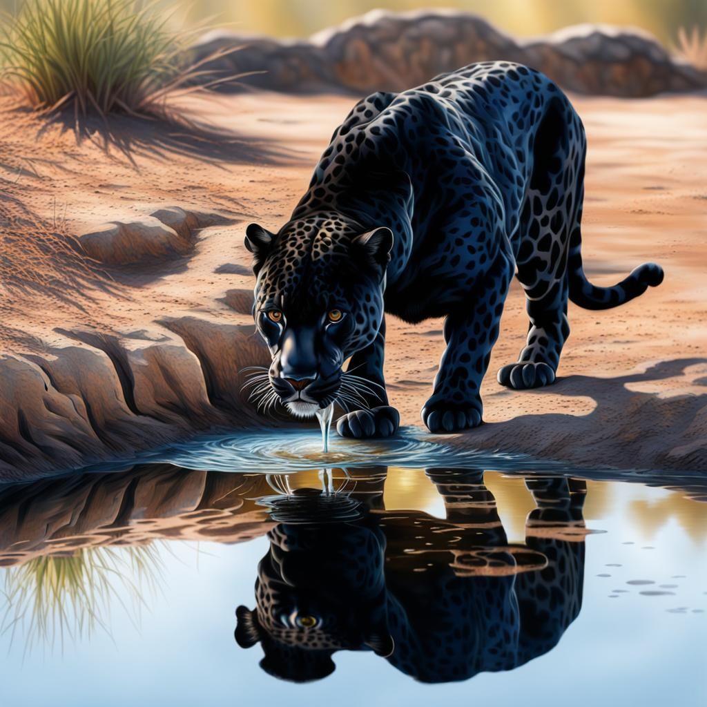 Hyperrealistic Black Jaguar Drinking Water