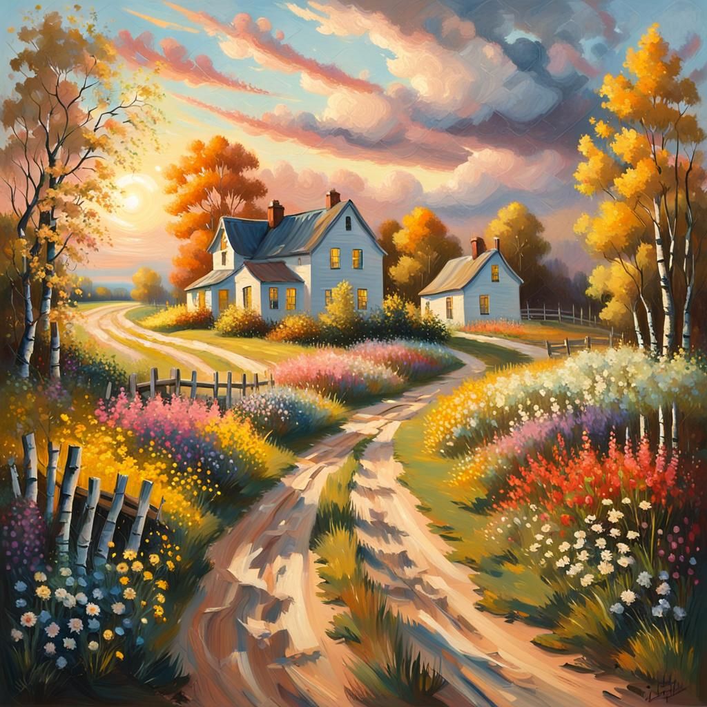 Impressionist Landscape with Winding Path and Farmhouse