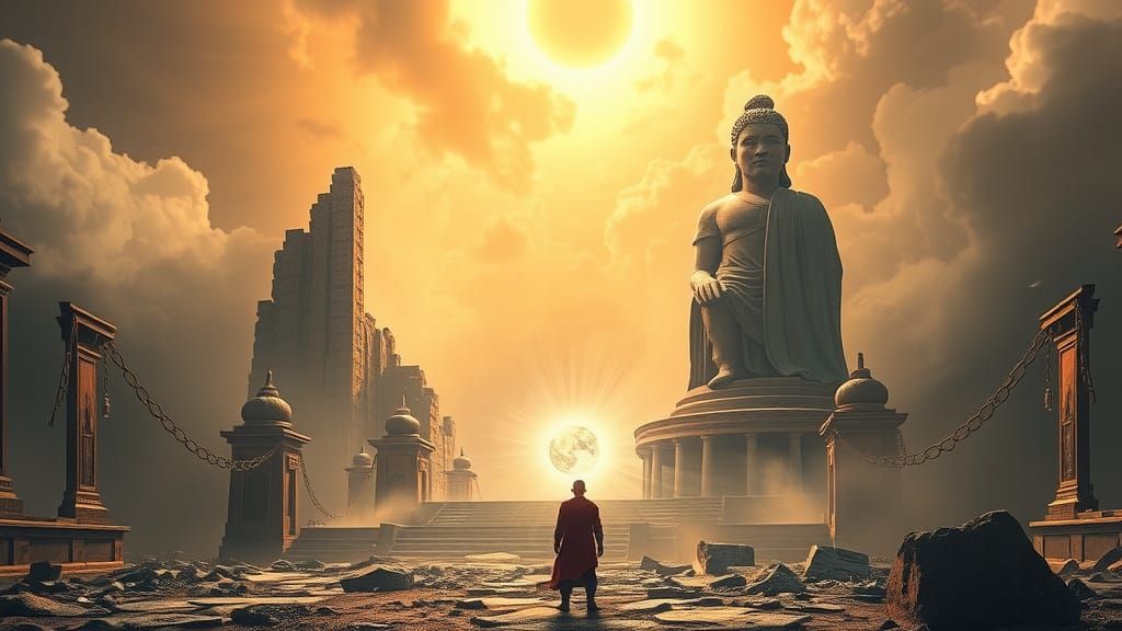 Mystic Warrior in Ancient Temple During Eclipse