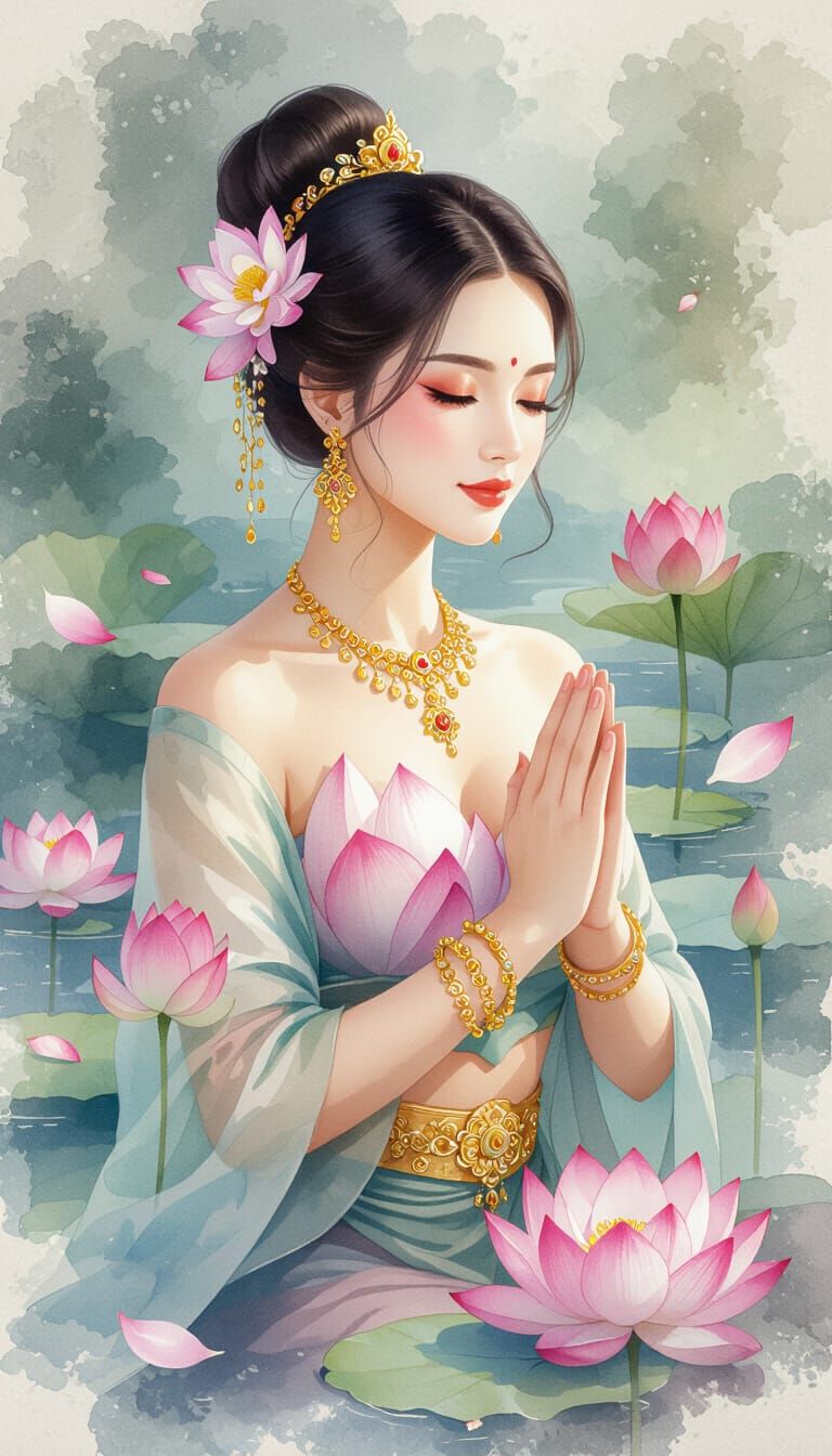 Watercolor Portrait of Thai Woman with Lotus
