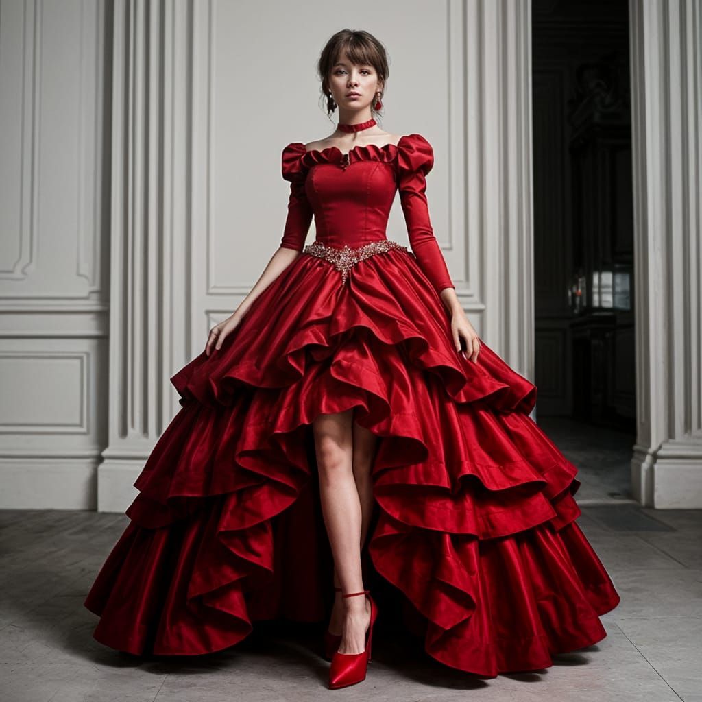 Woman in Red Ball Gown and Heels