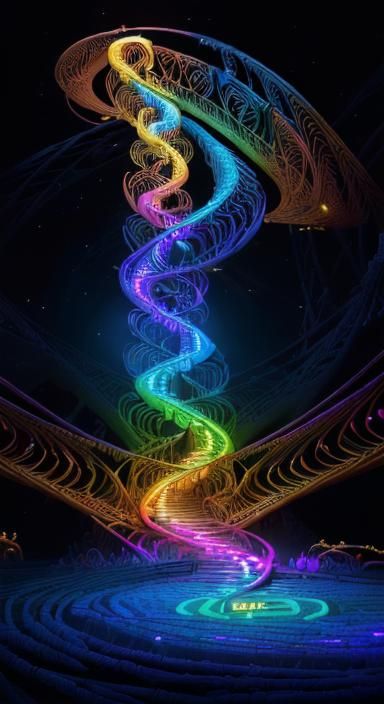 Rainbow DNA Helix in Fantasy Landscape