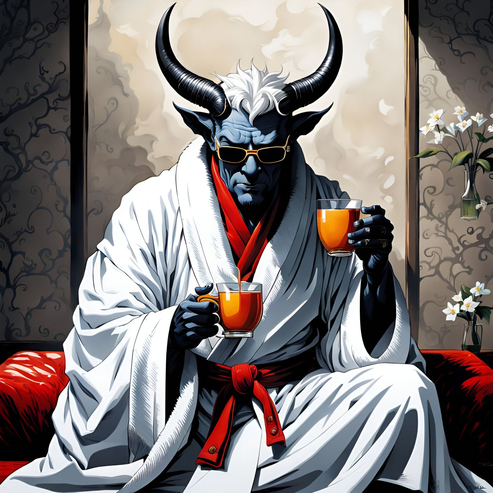 Devil in Bathrobe Drinking Tea, Yoshitaka Amano Style