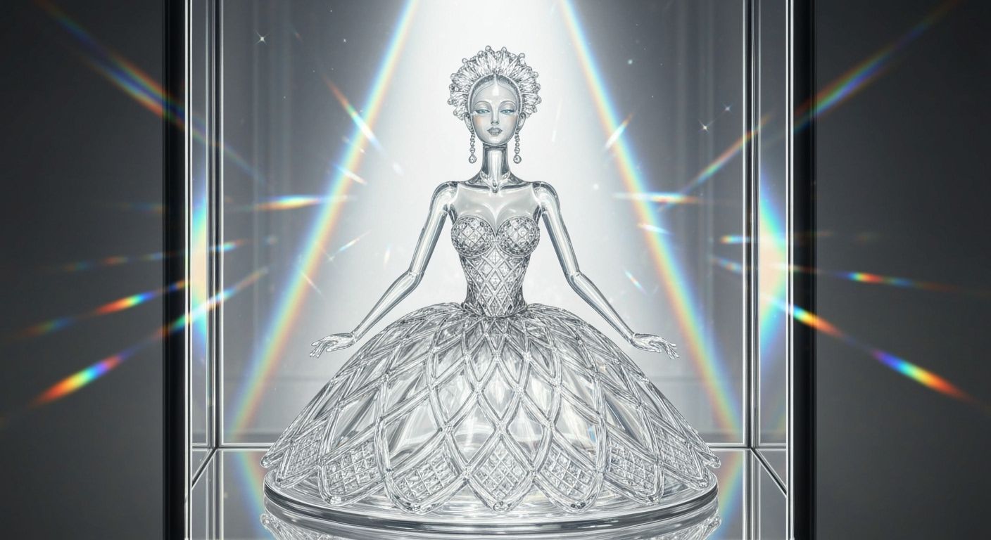 Glass Figurine in Cabinet with Intricate Glass Dress
