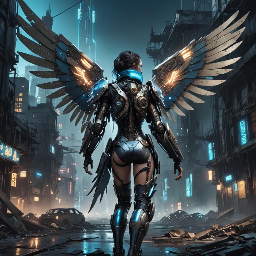 Cyberpunk Woman with Mechanical Wings in Cityscape
