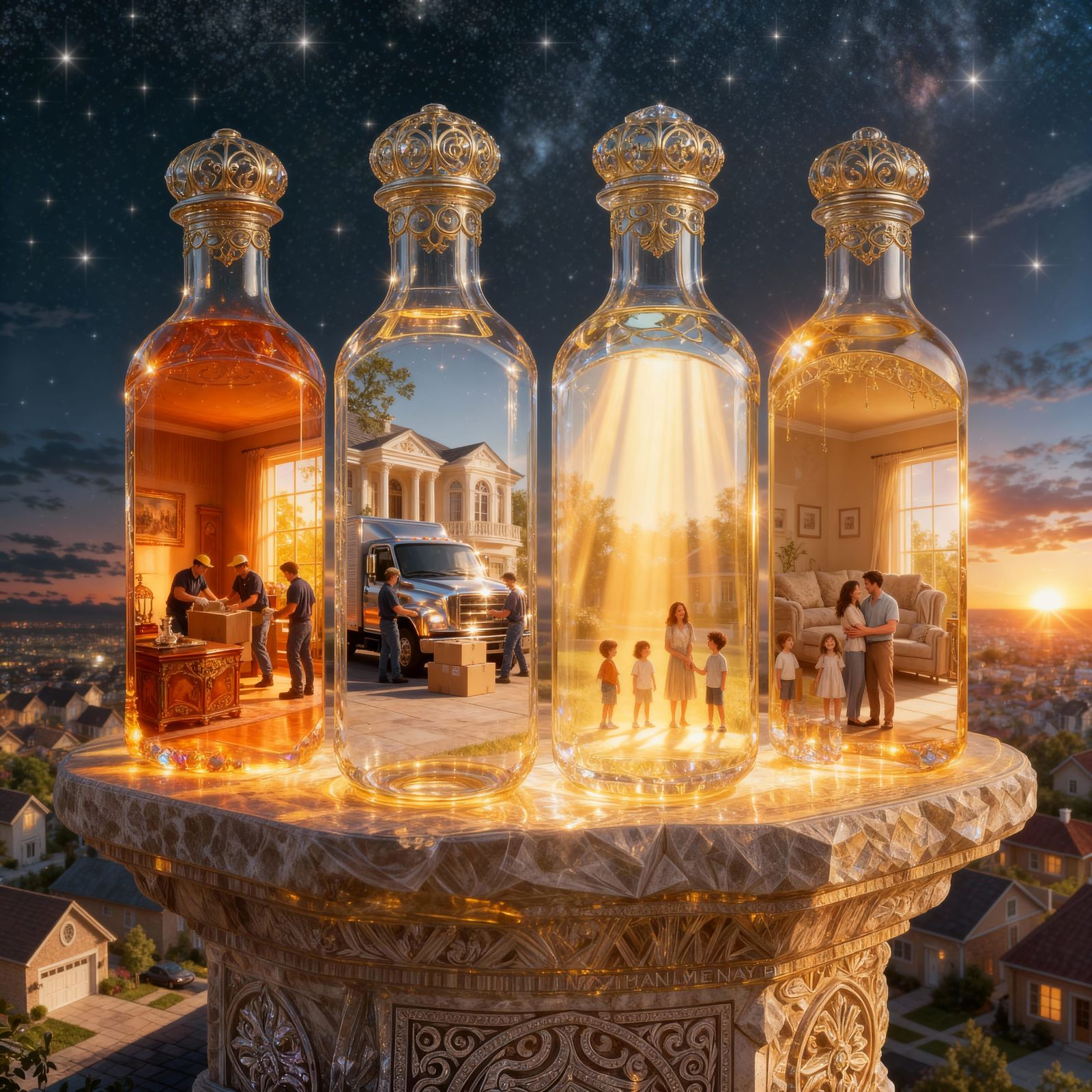 Ornate Crystal Bottles Holding Worlds on Pedestal at Golden ...