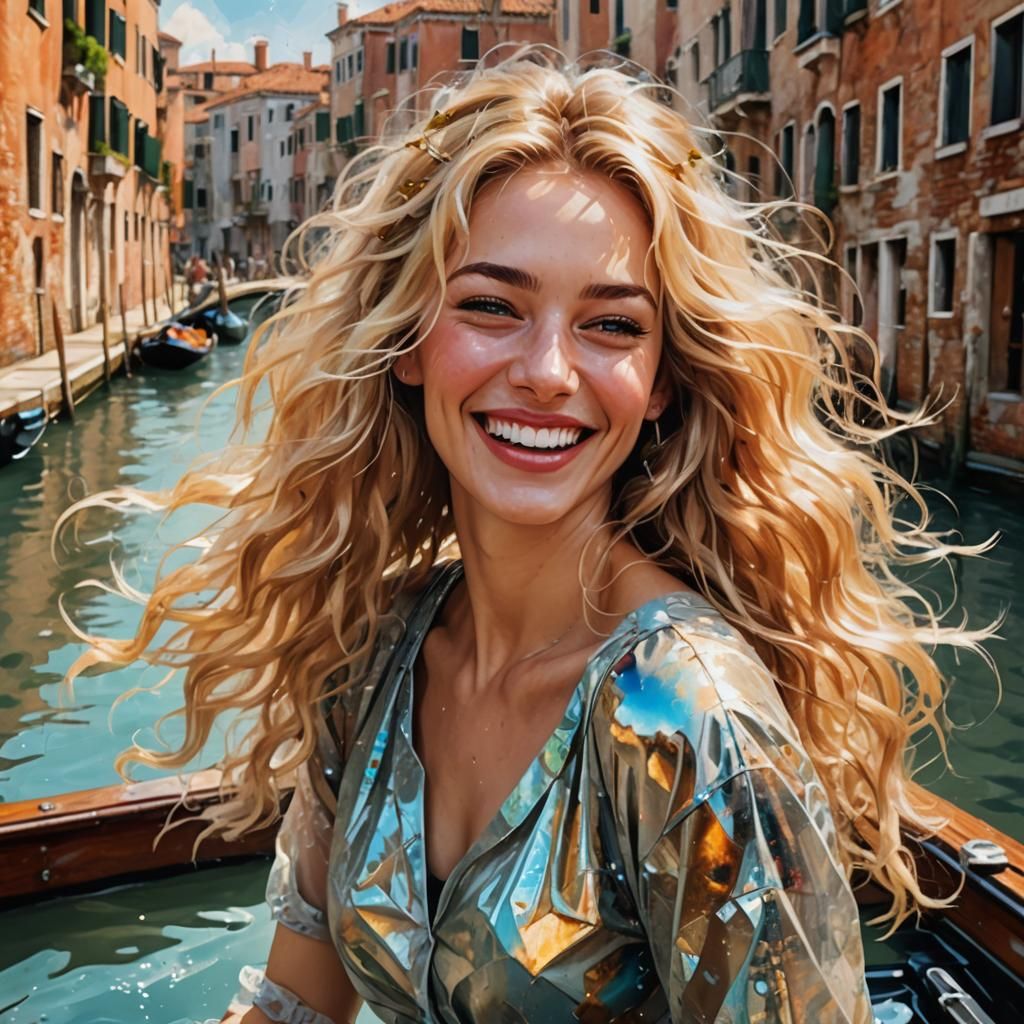 Laughing Girl on Venice Canal in Astral Illustration