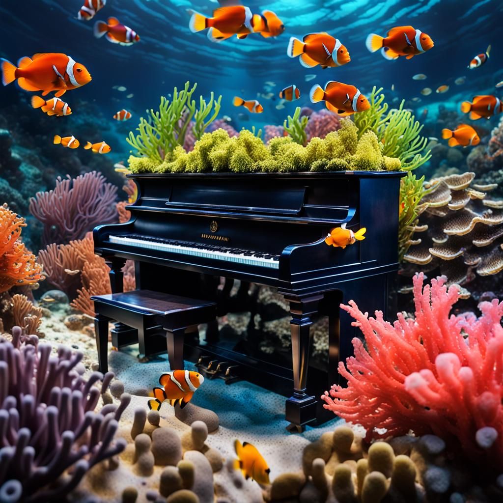 Underwater Piano Among Coral Reef Wildlife
