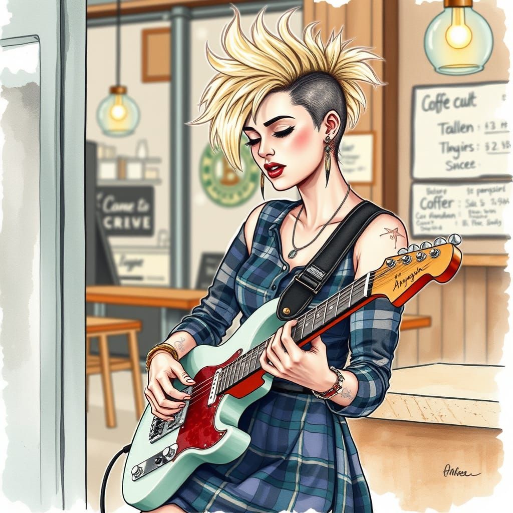Punk Rock Guitarist in Plaid Dress, Coffee Shop Scene, Water...