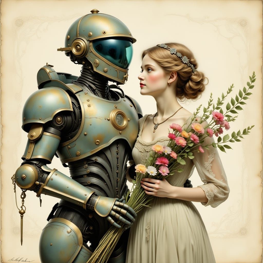 Romantic Vintage Futuristic Soldier in Hand-Tinted Postcard ...
