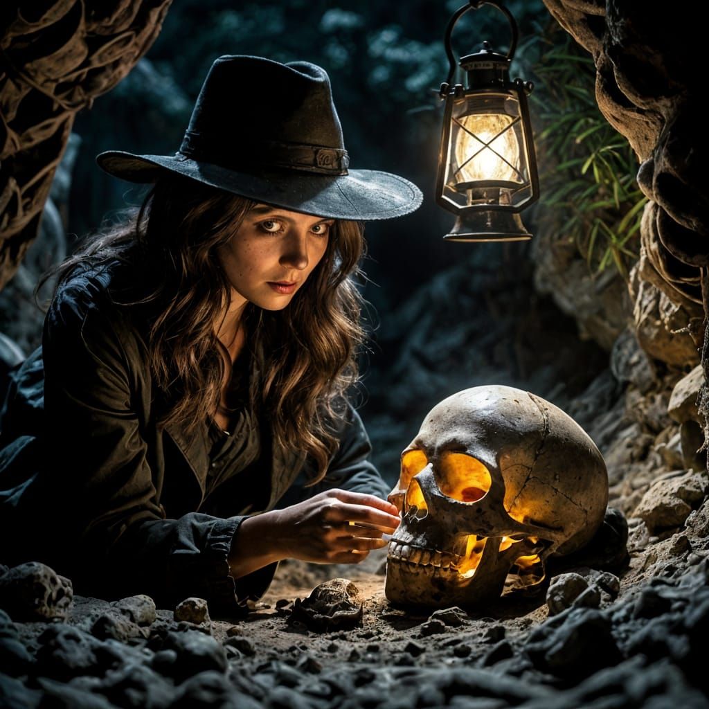 Mysterious Woman Examines Glowing Skull in Photorealistic St...