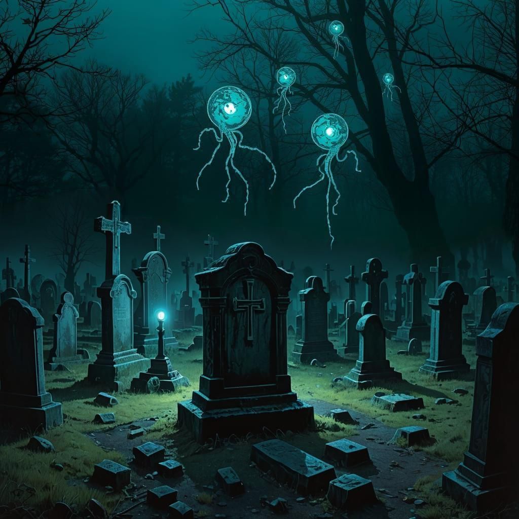 Mystical Graveyard at Witching Hour in Dark Style