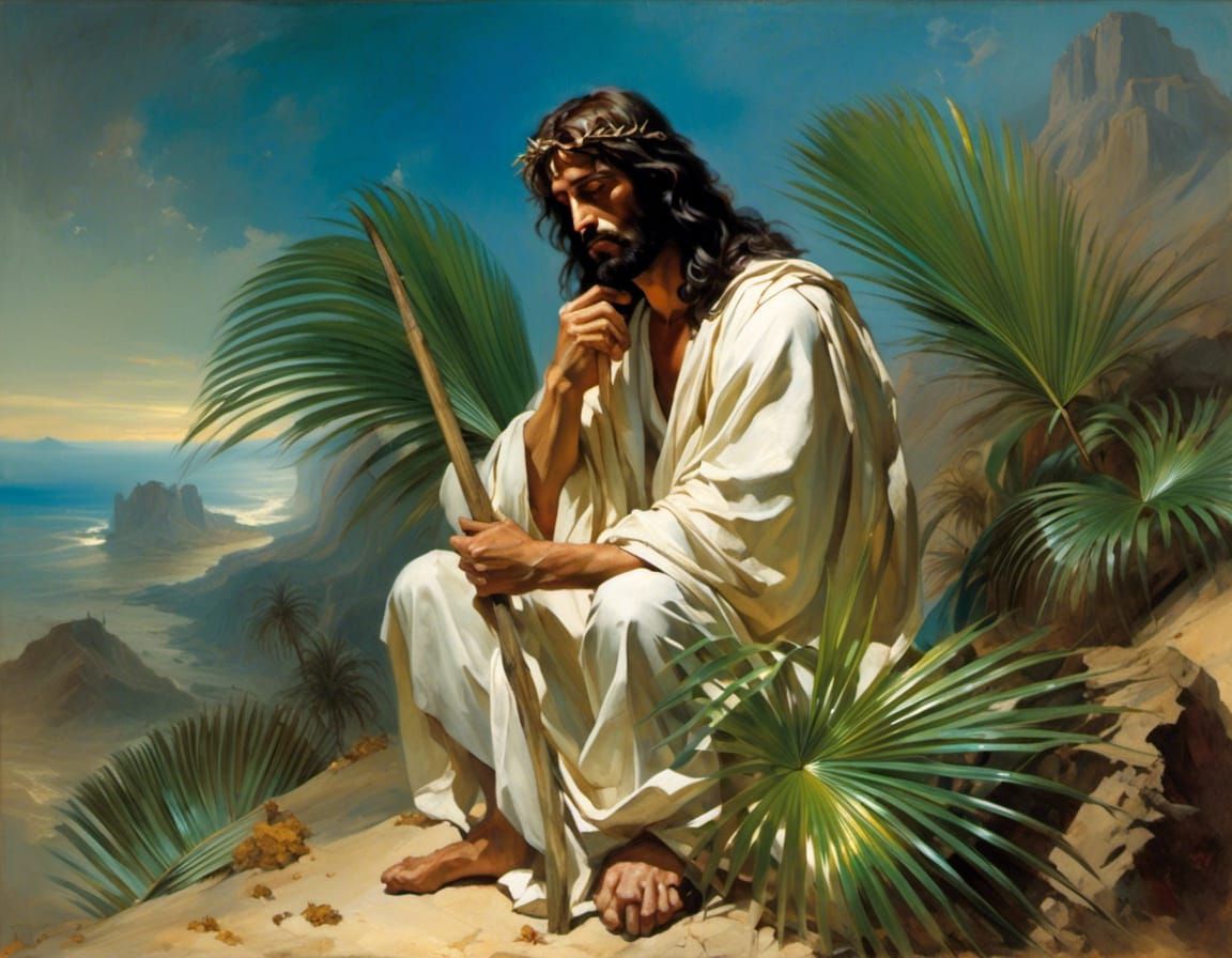 Jesus in Wilderness Holding Palms, Fantasy Art