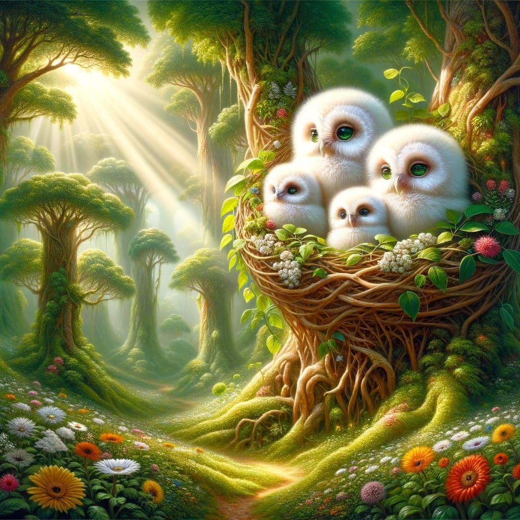 Fluffy Owlets Nestled in Vibrant Foliage