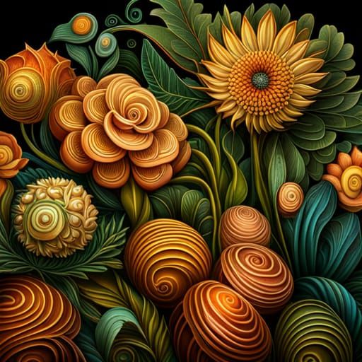 Hyperrealistic Floral Botanical Print in Teal and Orange