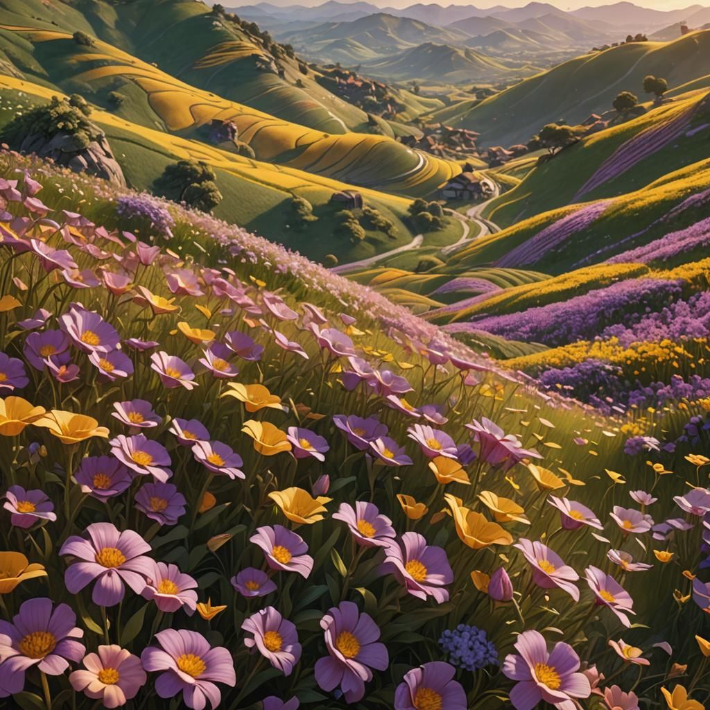 Vibrant Flowers Bloom on Rolling Hills in Fantasy Matte Pain...