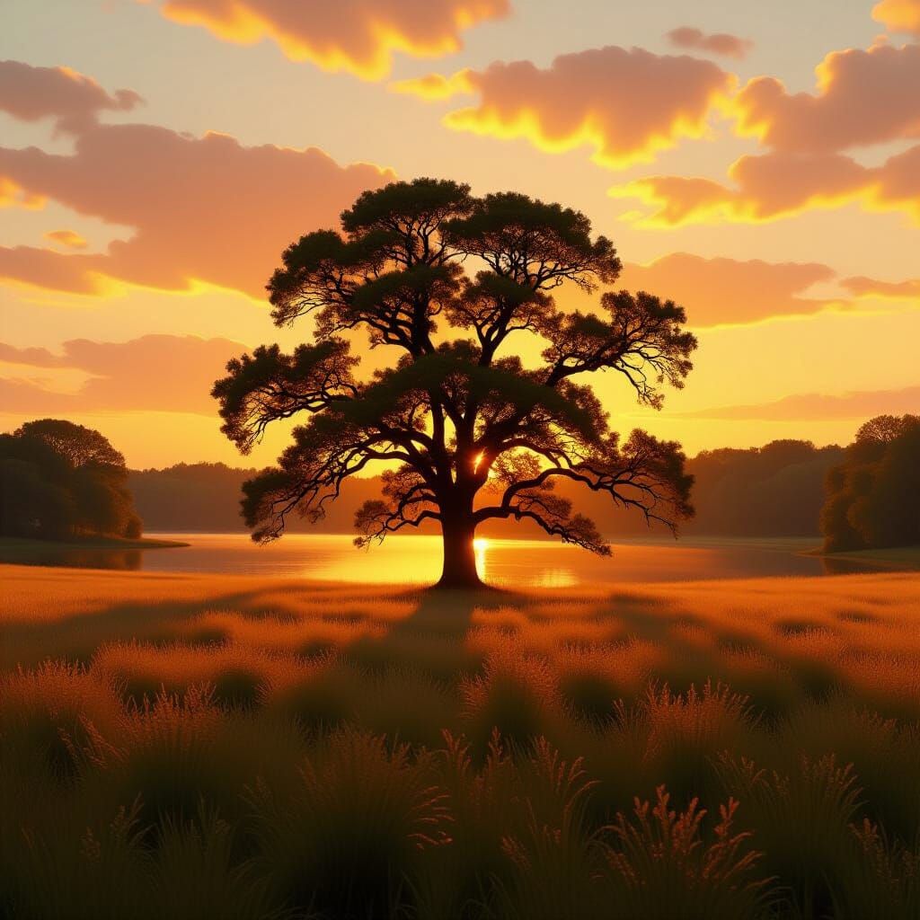 Golden Hour Serenity: Ancient Oak by Mirror Lake
