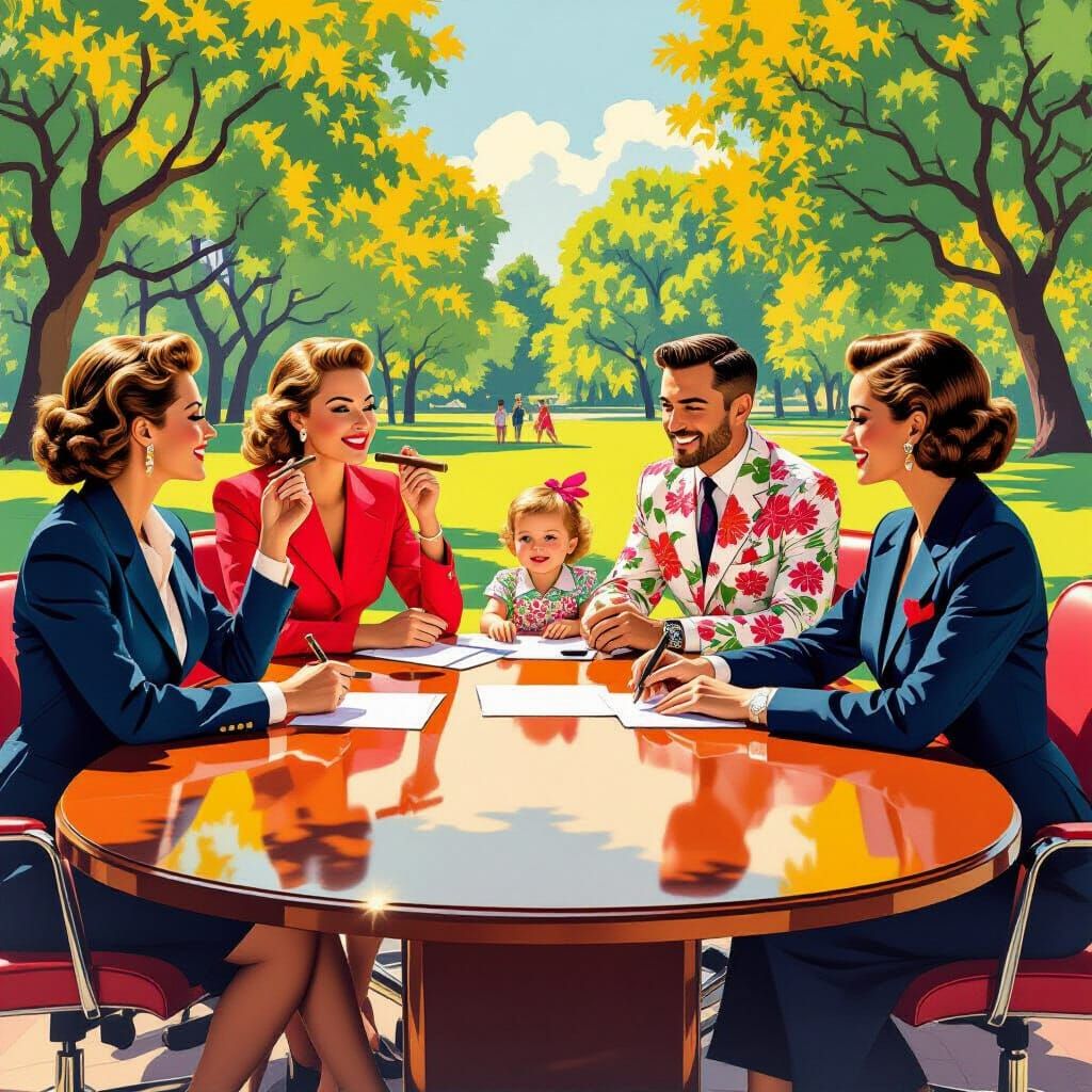 Women Lead Boardroom, Men Play in Park - Pop Art Scene