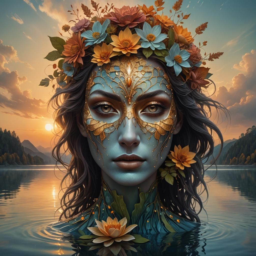 a woman standing on top of a body of water, digital art, ove...