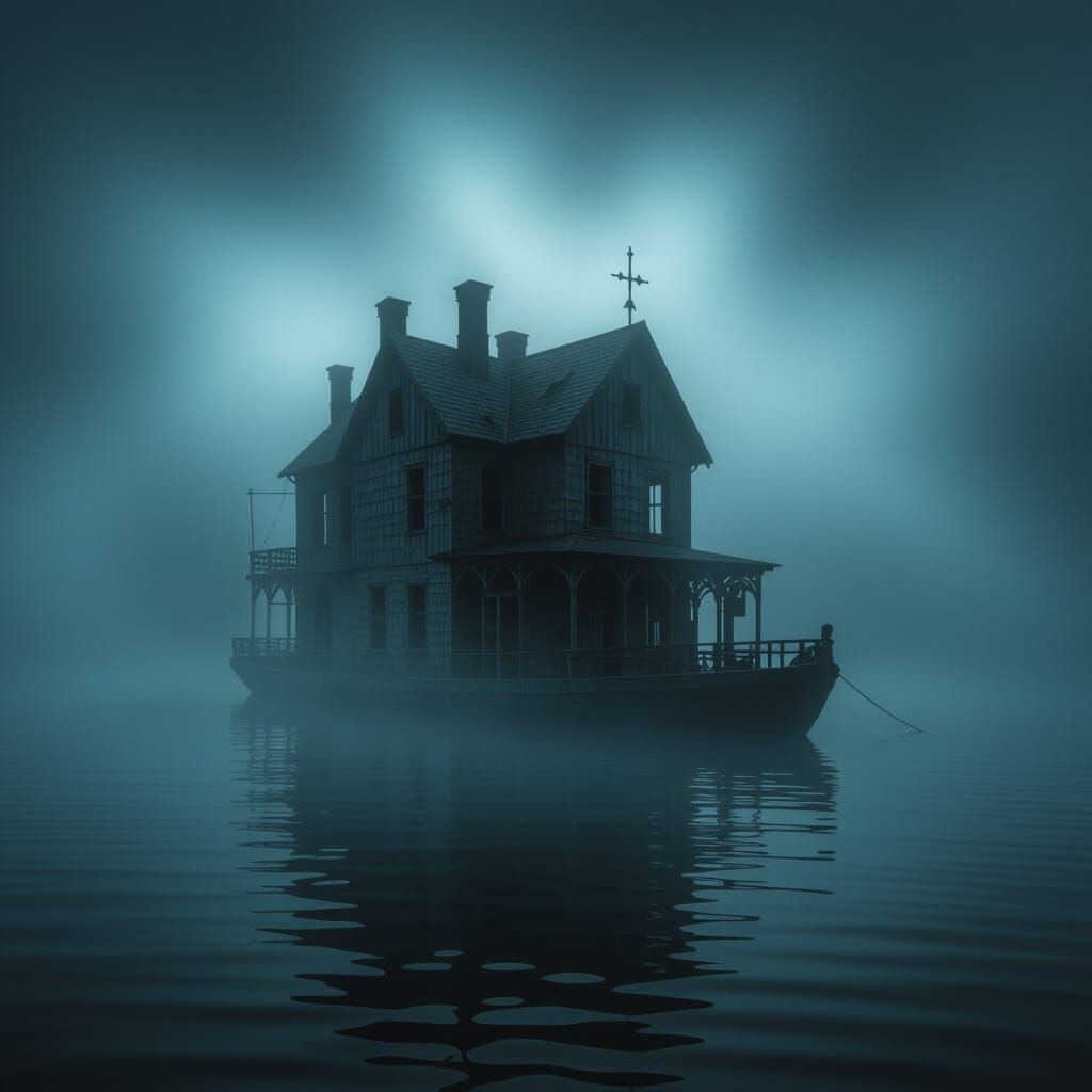 Eerie Ghost Shop Floating on a Misty Sea