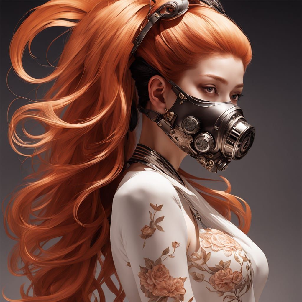 The composition showcases a woman adorned in a striking, intricately designed full face gas mask that diverges from trad...