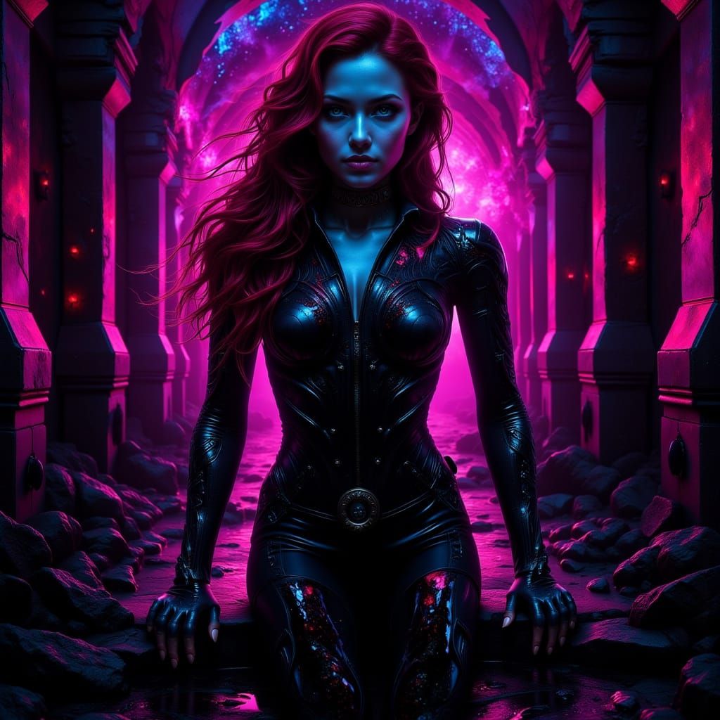 Glowing Black Widow in Neon-Lit Noir