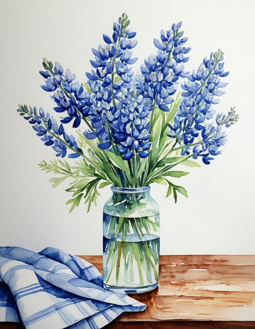 Bluebonnets in Watercolor Vase Still Life
