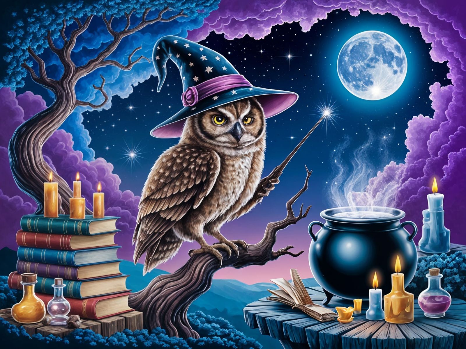 Whimsical Wizard Owl Basks Under Starry Night